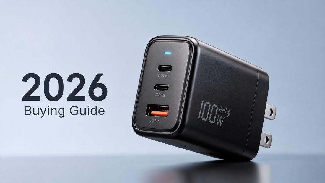 A sleek black AC power adapter with multiple USB ports, labeled for fast charging, set against a light blue background, accompanied by the text "2026 Buying Guide.