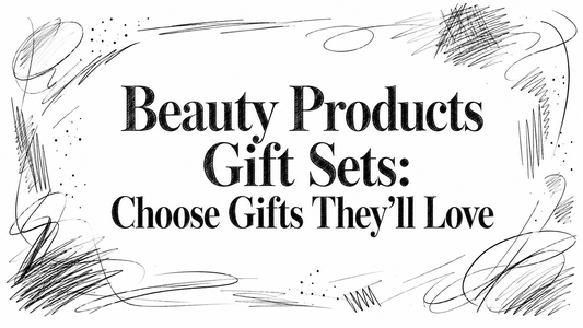 Stylized text prominently displays "Beauty Products Gift Sets: Choose Gifts They'll Love," surrounded by artistic, abstract doodles and swirls.
