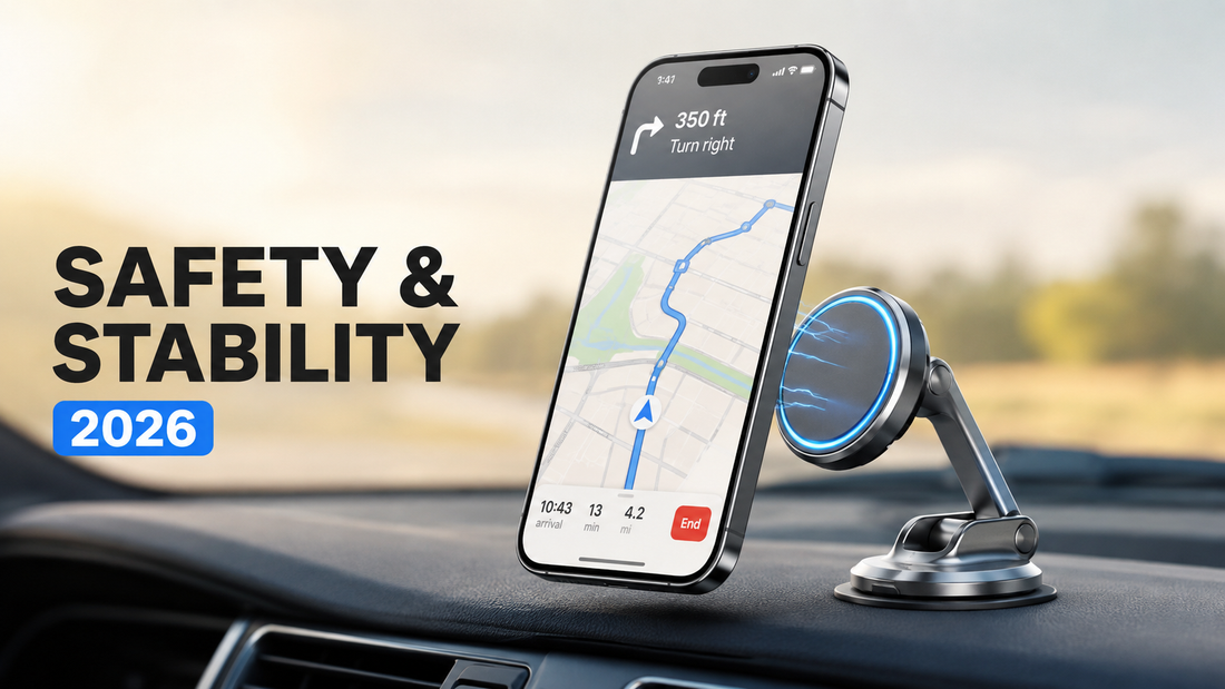 A smartphone mounted on a car dashboard holder displays a navigation app with directions, emphasizing safety and stability for drivers in 2026.