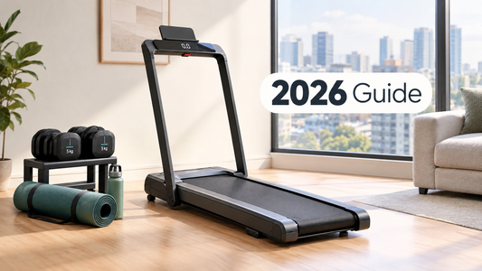 A compact home fitness setup featuring a sleek treadmill, a set of dumbbells, and rolled yoga mats, all positioned in a bright room with large windows showcasing a city skyline.