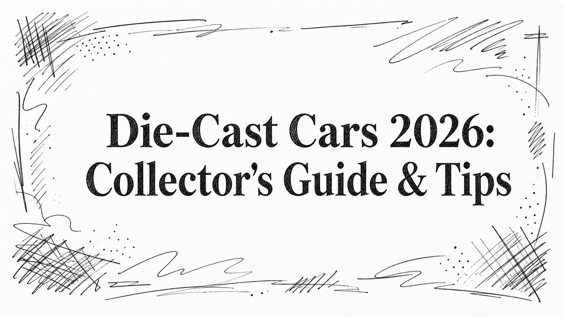 The image features the title "Die-Cast Cars 2026: Collector's Guide & Tips" in a bold, stylized font, surrounded by a decorative sketched border.