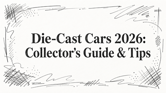 The image features the title "Die-Cast Cars 2026: Collector's Guide & Tips" in a bold, stylized font, surrounded by a decorative sketched border.