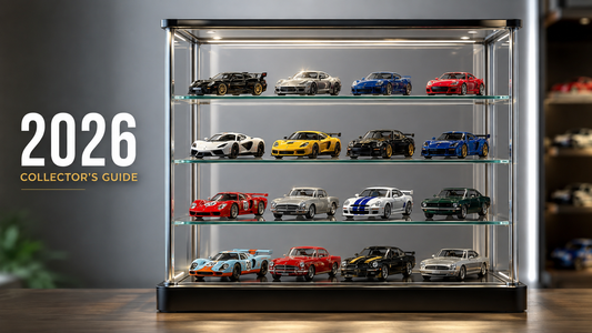 A sleek glass display case showcasing a variety of diecast cars arranged on multiple shelves, with a prominent title reading "2026 Collector's Guide" beside it.
