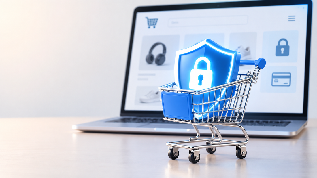 A small shopping cart with a glowing shield icon featuring a padlock sits in front of a laptop displaying an online shopping interface, symbolizing safe online shopping practices.
