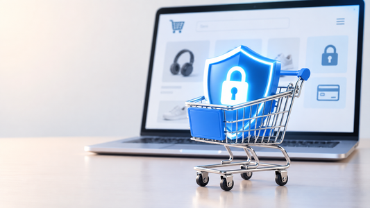A small shopping cart with a glowing shield icon featuring a padlock sits in front of a laptop displaying an online shopping interface, symbolizing safe online shopping practices.