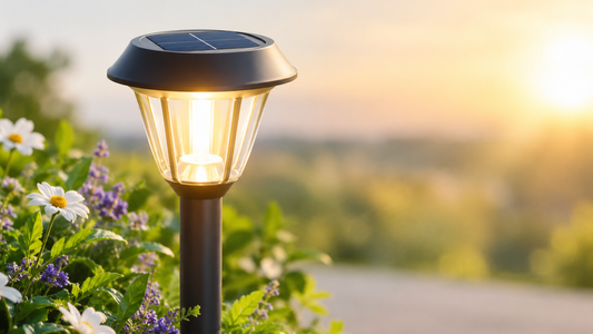 A solar garden light illuminates a garden filled with colorful flowers, set against a soft, blurred background of greenery and a warm sunset.
