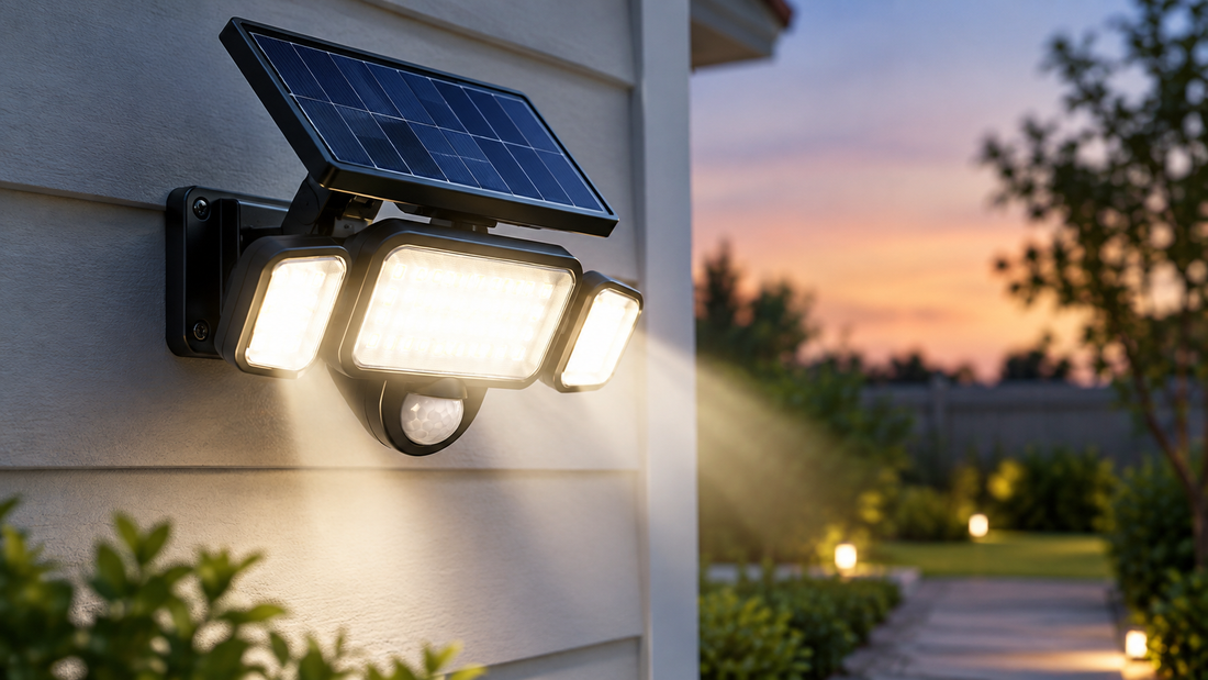 A solar motion sensor flood light mounted on a wall, featuring a solar panel and multiple bright LED lights, illuminating a garden pathway at dusk with a soft sunset glow in the background.
