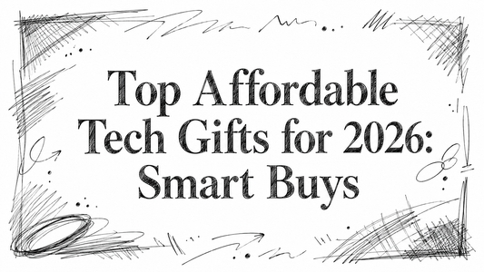A hand-drawn style graphic featuring the text "Top Affordable Tech Gifts for 2026: Smart Buys" prominently displayed in a decorative border.