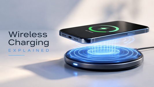 A smartphone is positioned above a wireless charging pad, displaying a charging icon, with visual representations of energy waves emanating from the pad. The text "Wireless Charging Explained" is featured beside the image.