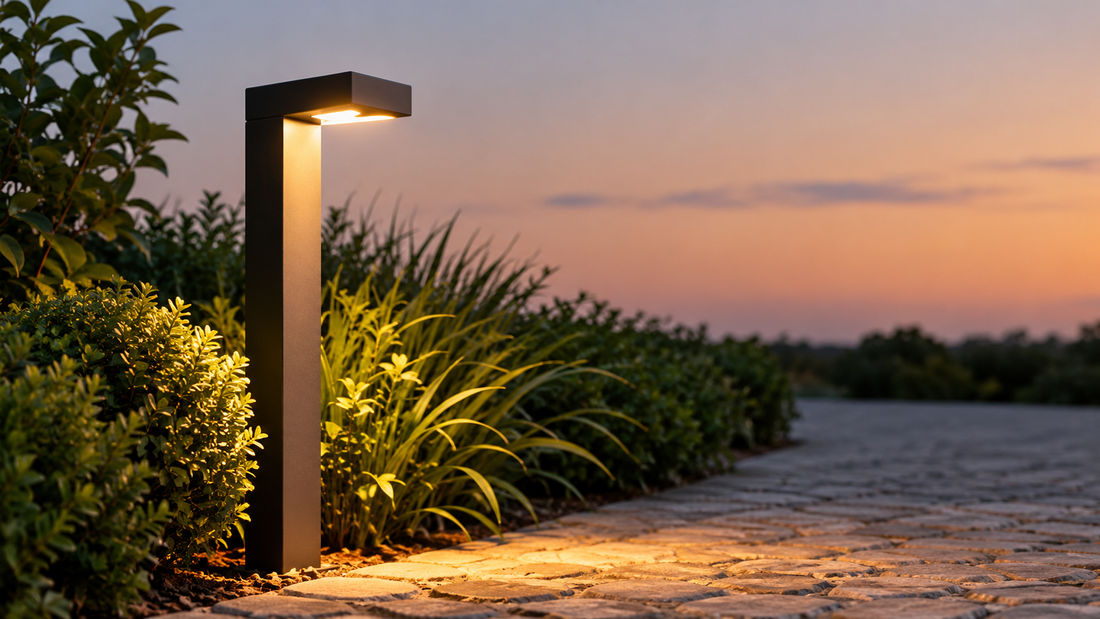 A modern outdoor light fixture illuminates a landscaped pathway at dusk, surrounded by lush greenery and a stone walkway, creating a warm and inviting atmosphere.