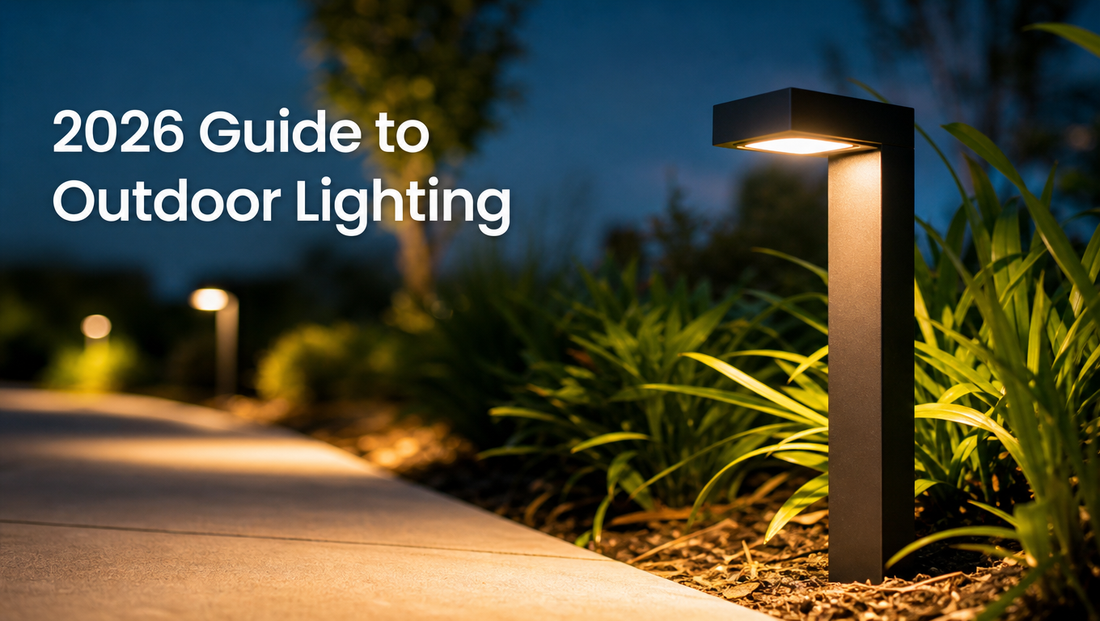 A modern low-voltage outdoor light fixture illuminates a pathway surrounded by lush greenery, with the text "2026 Guide to Outdoor Lighting" prominently displayed.