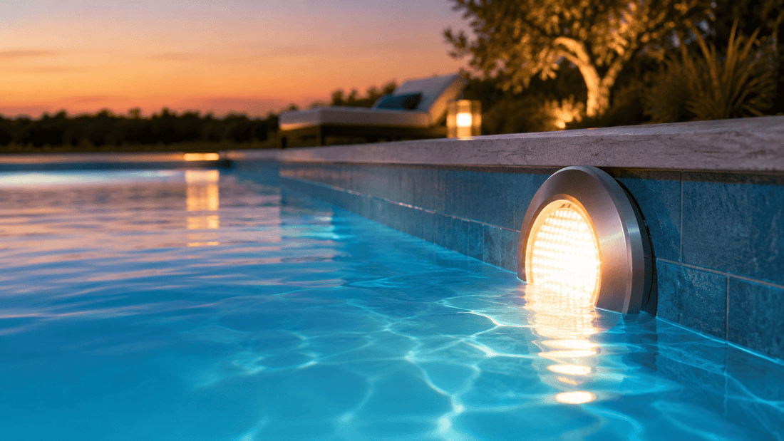 A serene illuminated pool area showcasing effective outdoor lighting by pool.
