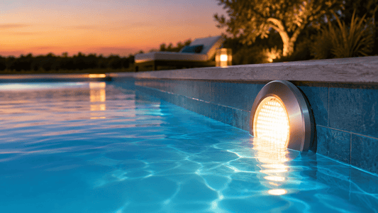 A serene illuminated pool area showcasing effective outdoor lighting by pool.