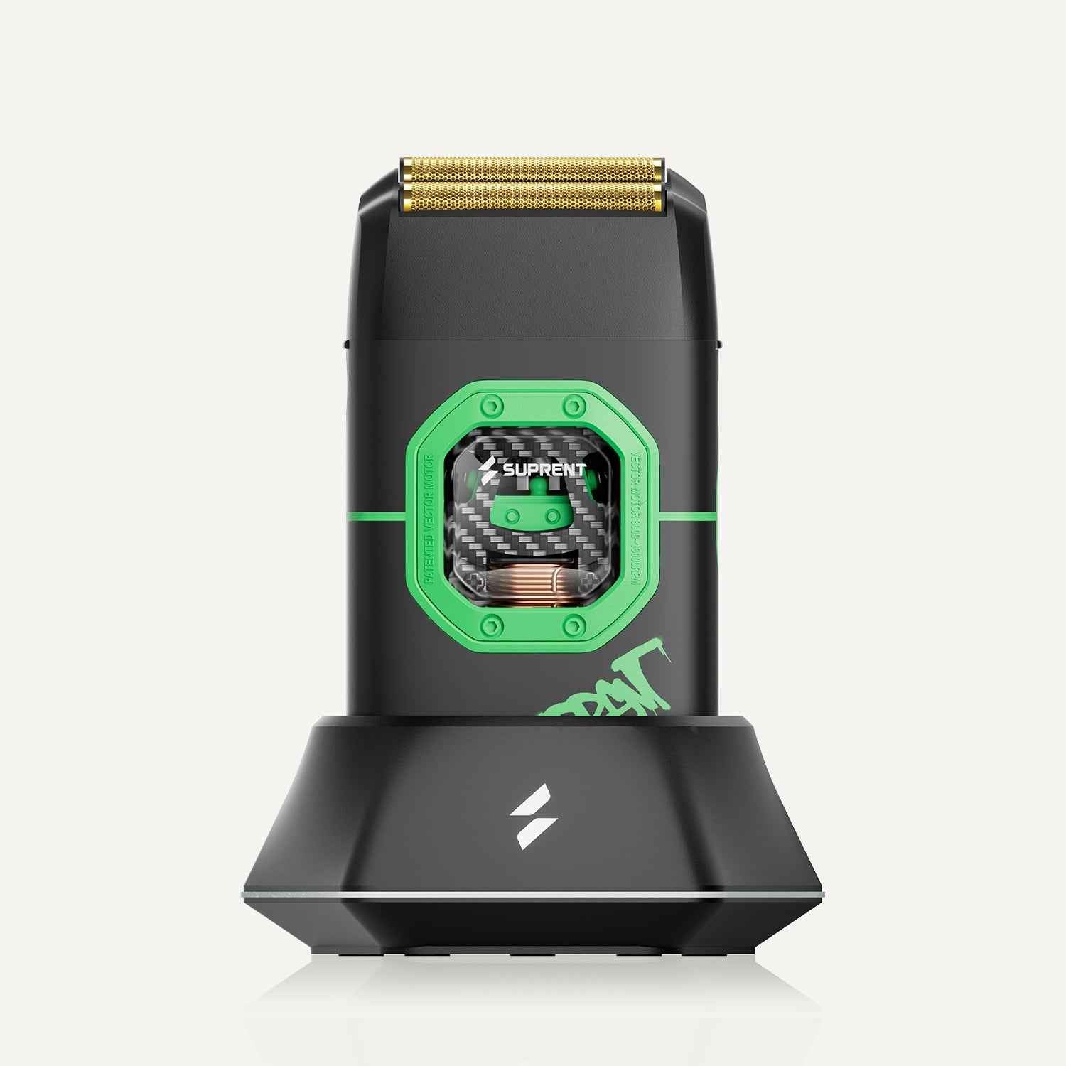 Black electric foil shaver with gold mesh head and green control panel