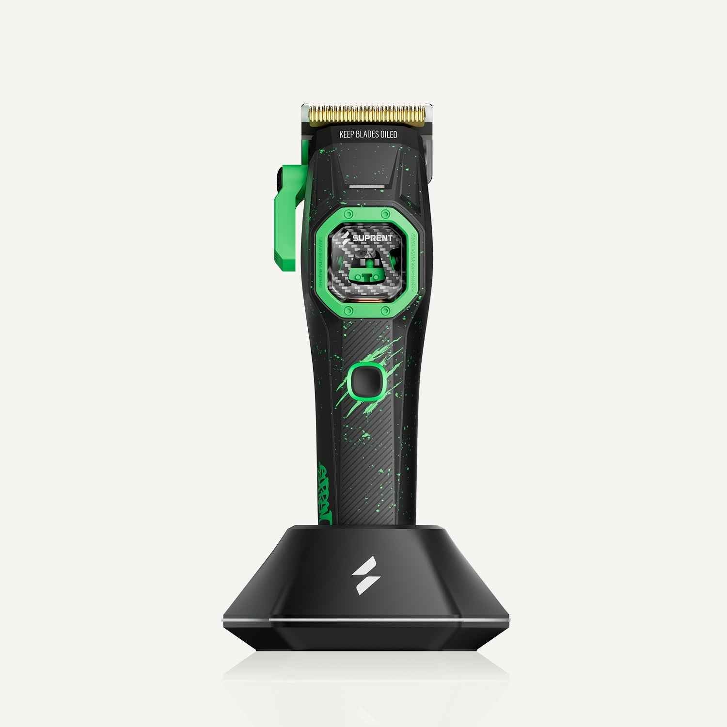 Hair clipper with green side handle and black body, on black charging dock.