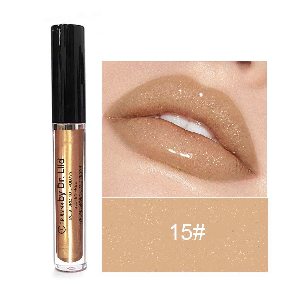 Lip gloss tube and 15# nude beige swatch with high-shine gloss.
