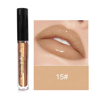 Lip gloss tube and 15# nude beige swatch with high-shine gloss.