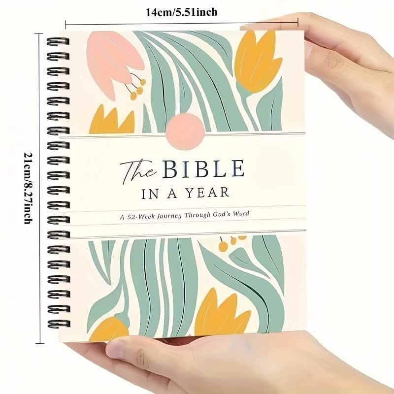 Undated spiral Bible study journal cover with “The Bible in a Year” and 14cm/5.11inch