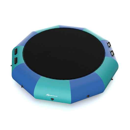 Blue inflatable splash water bouncer trampoline with black oval padded jumping surface