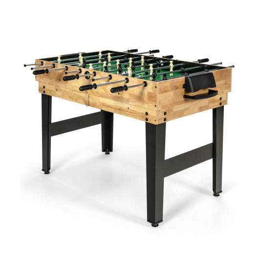 Multi game table set with wooden playfield, foosball rods, and black legs