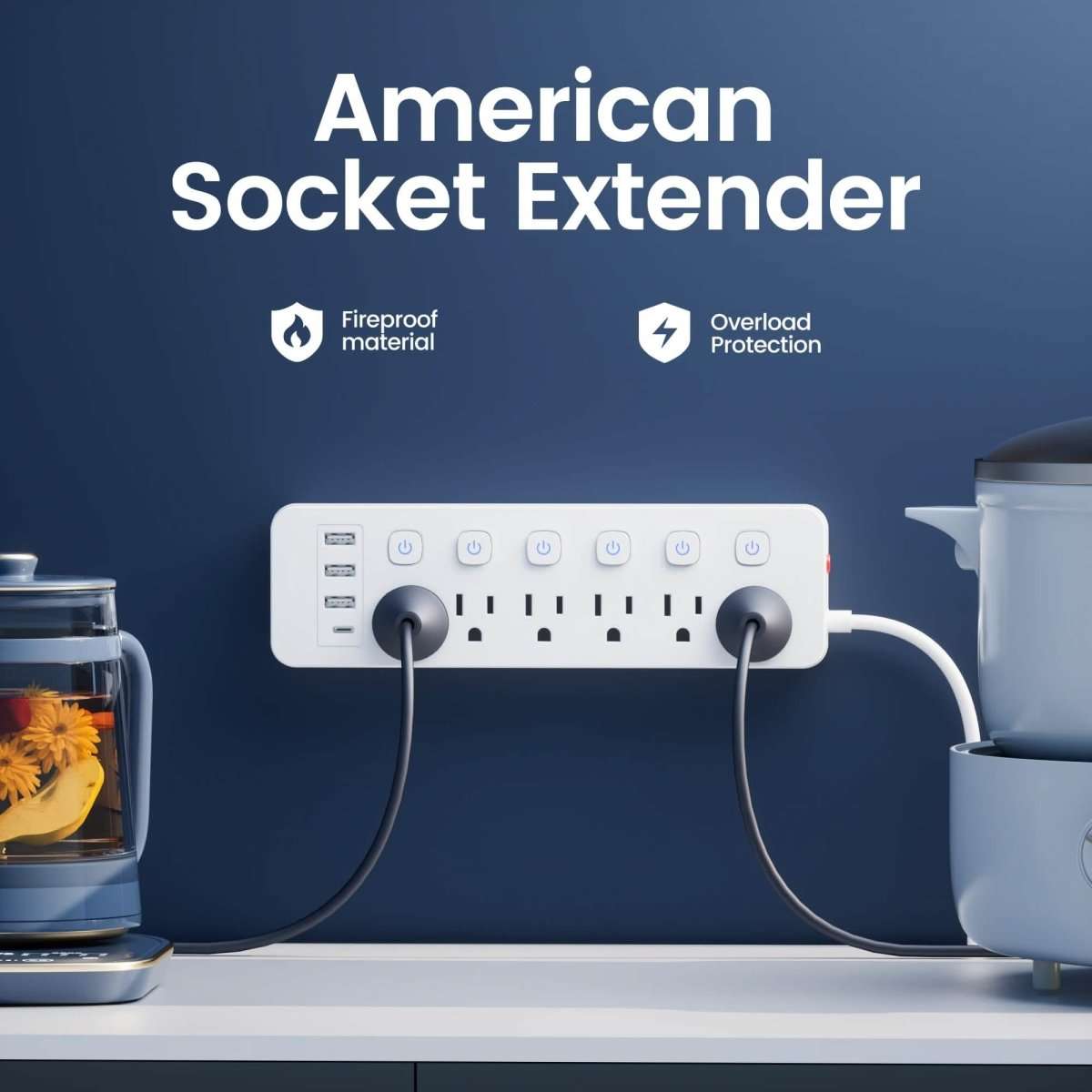 White power strip on tabletop with multiple AC outlets and USB ports