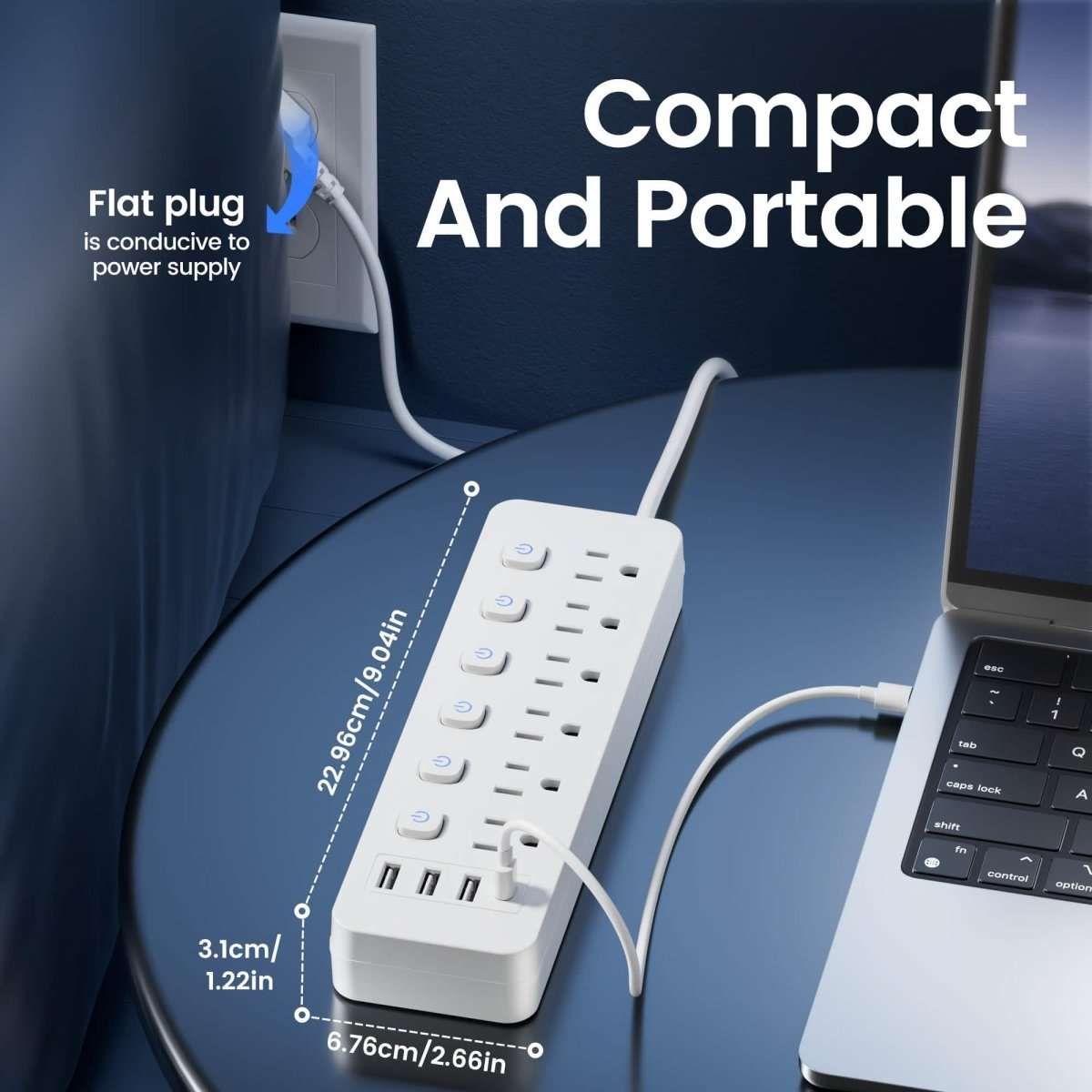 Compact power strip with flat plug, outlets, and USB-A plus Type-C ports
