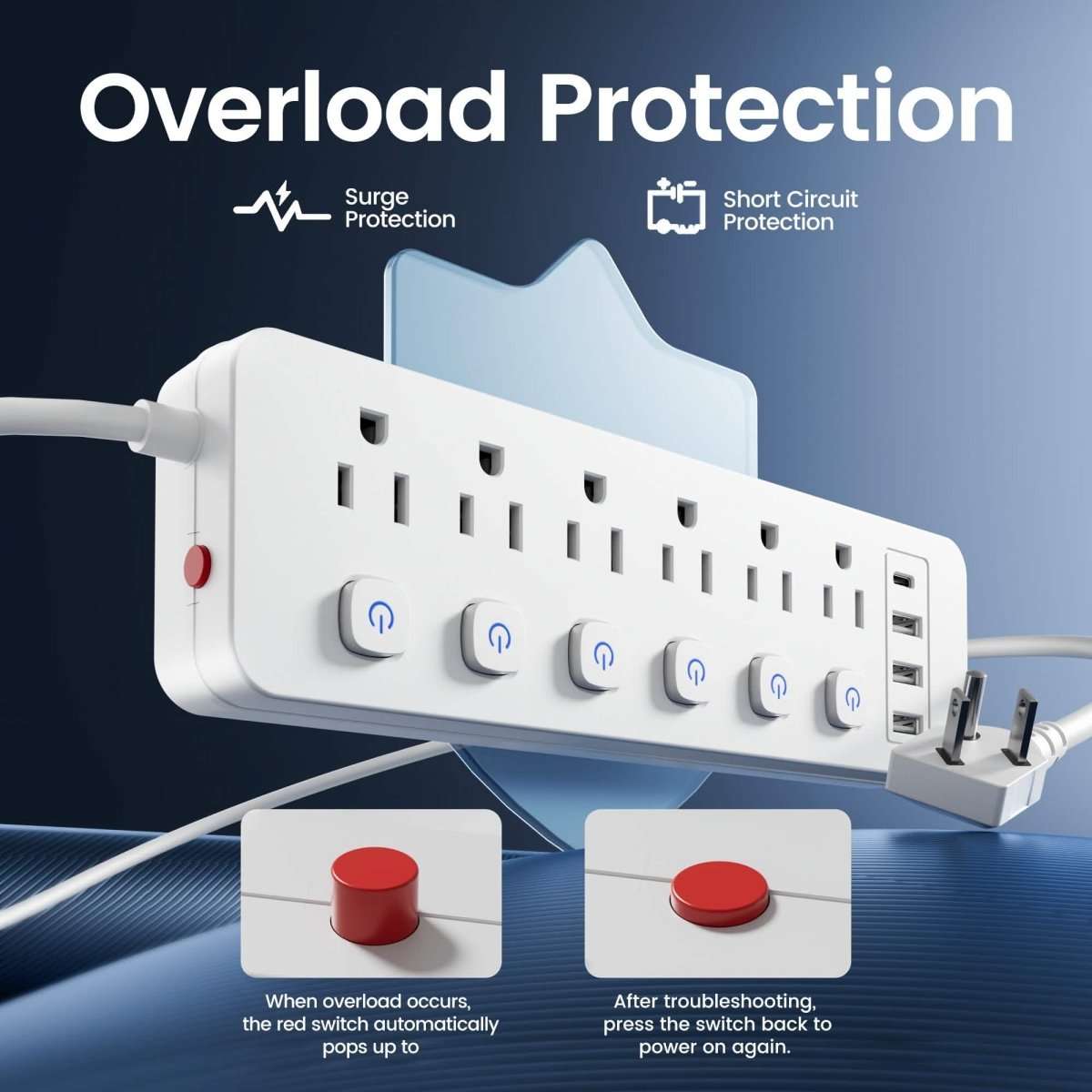 Power strip with red reset buttons for overload protection, outlet and USB ports
