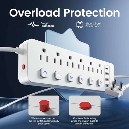Power strip with red reset buttons for overload protection, outlet and USB ports