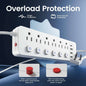 Power strip with red reset buttons for overload protection, outlet and USB ports