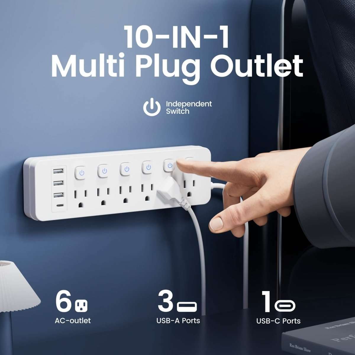 White power strip with 6 AC outlets and USB ports; plug connection shown