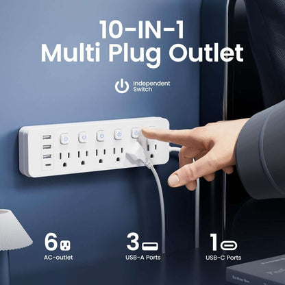 White power strip with 6 AC outlets and USB ports; plug connection shown