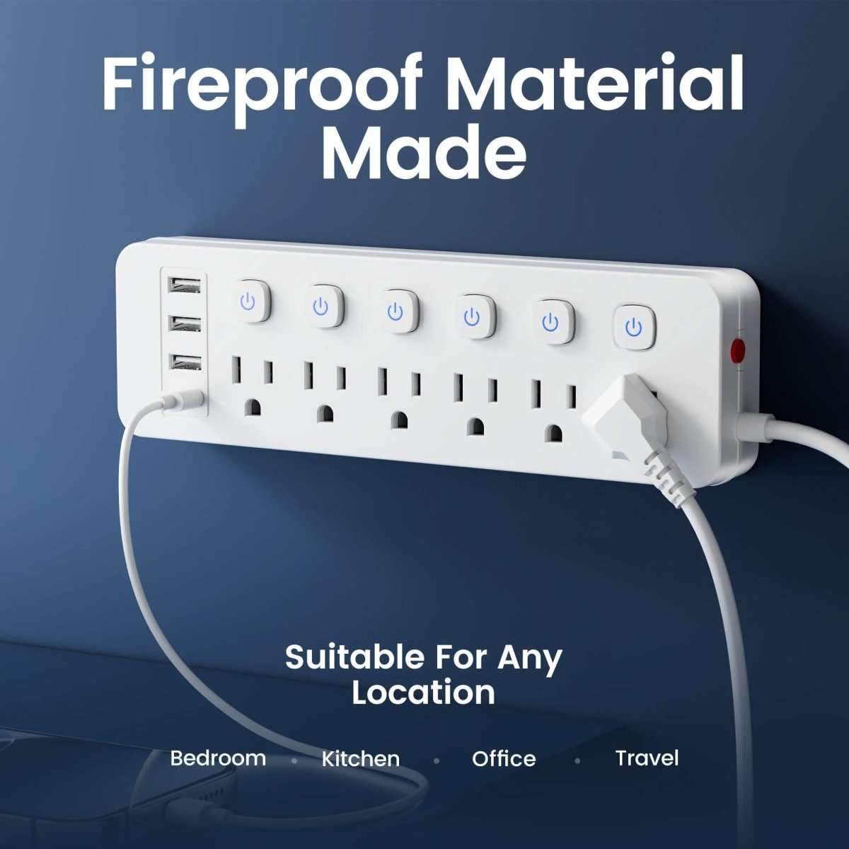 White power strip with independent switches, outlet array, and USB ports