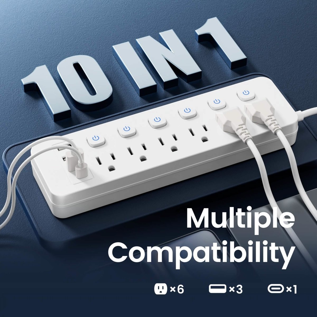 10 - in - 1 Multi - Outlet Power Strip – 6 AC, 3 USB - A, 1 Type - C - Cartsfy Inc.