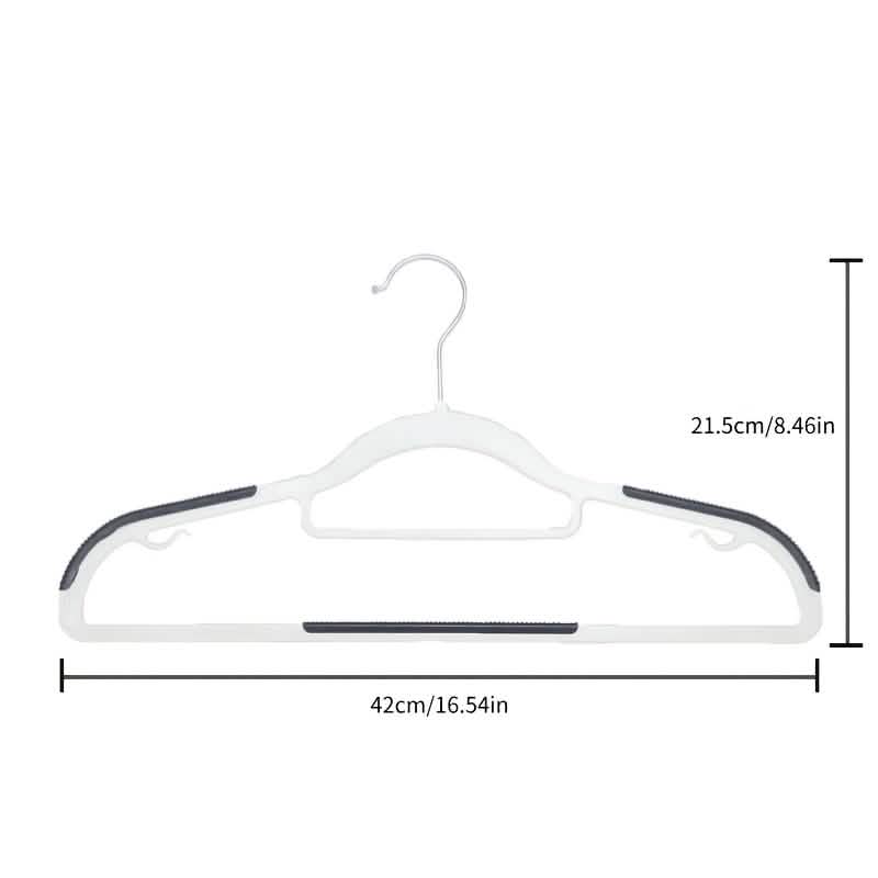 White plastic clothes hanger with black anti-slip grip bar and arched hook