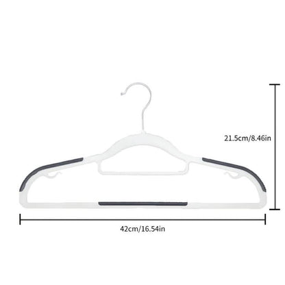 White plastic clothes hanger with black anti-slip grip bar and arched hook
