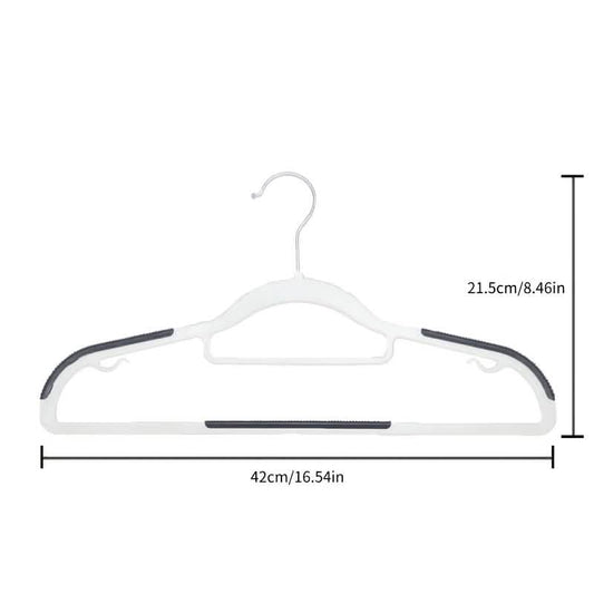 White plastic clothes hanger with black anti-slip grip bar and arched hook