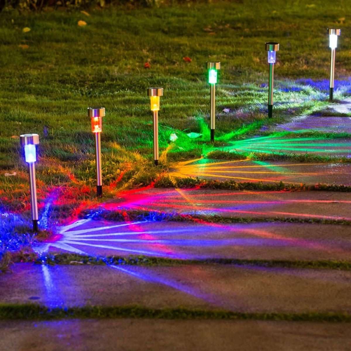Outdoor solar landscape lawn lights with multicolor LED bulbs and stainless spikes