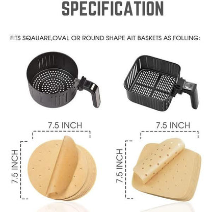 Round and square air fryer parchment paper liners with perforations, 7.5 in size