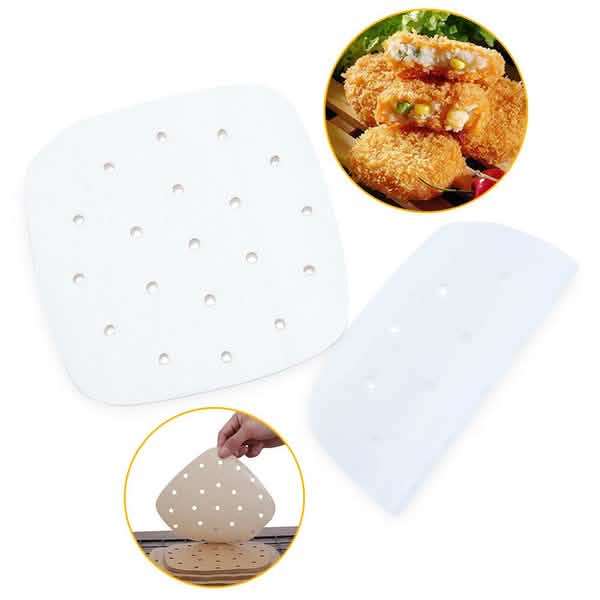 White square air-fryer parchment sheets, perforated holes, with partial sheet overlay