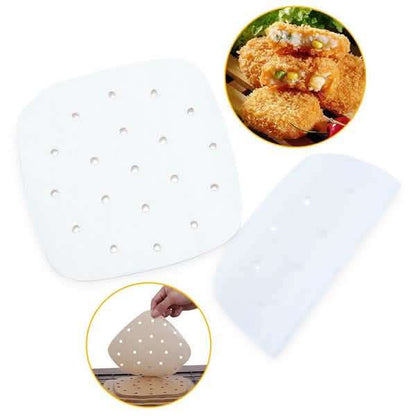 White square air-fryer parchment sheets, perforated holes, with partial sheet overlay