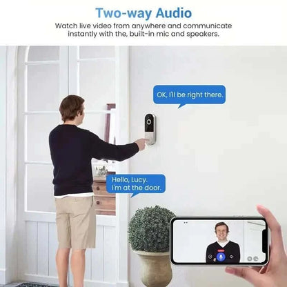 Smart doorbell camera with phone call view, lens and round doorbell button