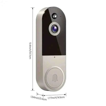 Smart doorbell camera side view with lens and round doorbell button