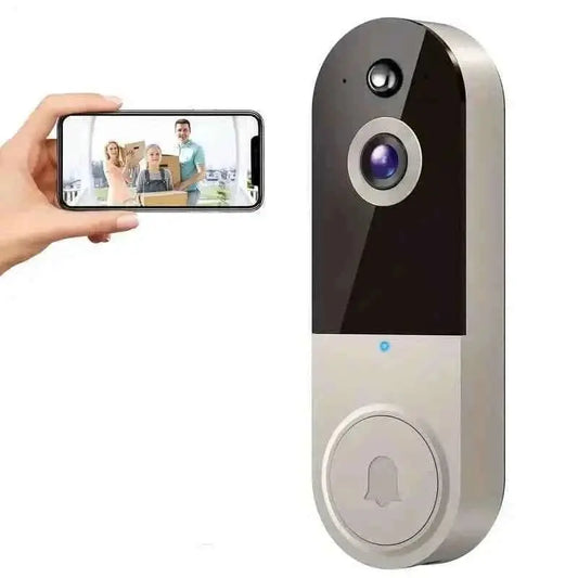 Black and light gray smart doorbell camera with lens and doorbell button
