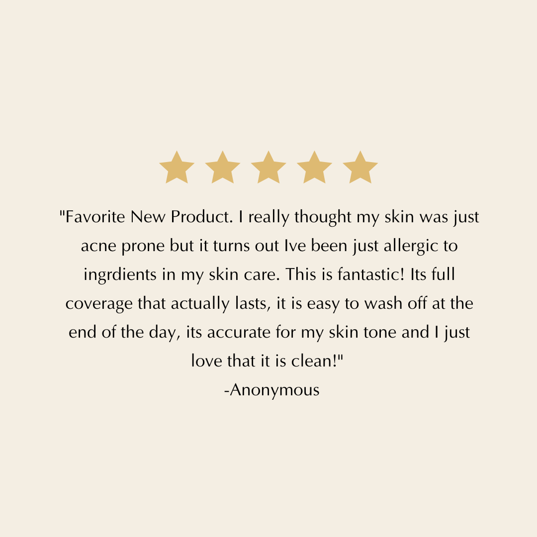 Matte foundation review card with five gold stars and customer quote text