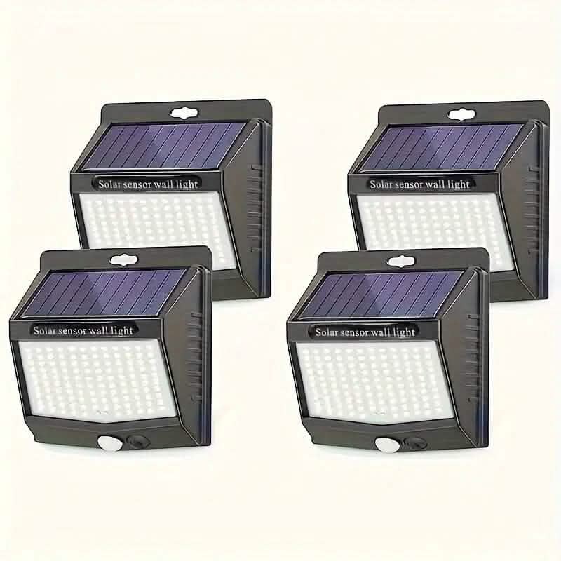 Solar sensor wall lights set of four dark gray fixtures with square LED panels and solar tops