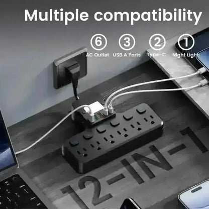 12-in-1 Adjustable Desk Lamp Power Strip – 6 AC Outlets, 3 USB-A & 2 Type-C Ports, Surge Protection DailySale White Black White-Black-
