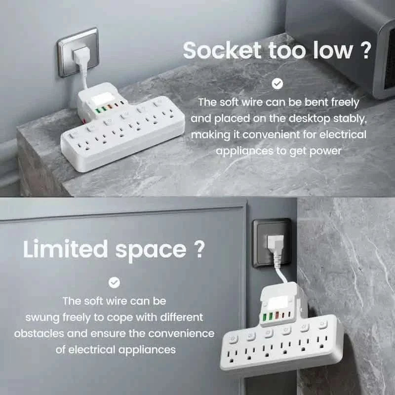 White power strip with flexible plug cable for low, limited-space outlets