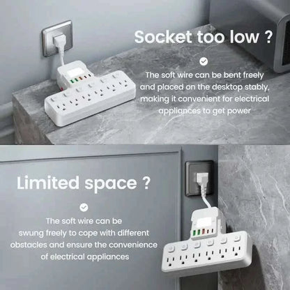 White power strip with flexible plug cable for low, limited-space outlets