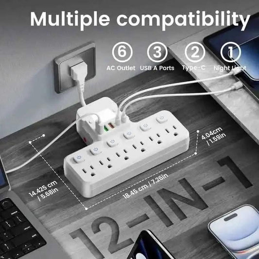 12-in-1 Adjustable Desk Lamp Power Strip – 6 AC Outlets, 3 USB-A & 2 Type-C Ports, Surge Protection DailySale White Black White-Black-