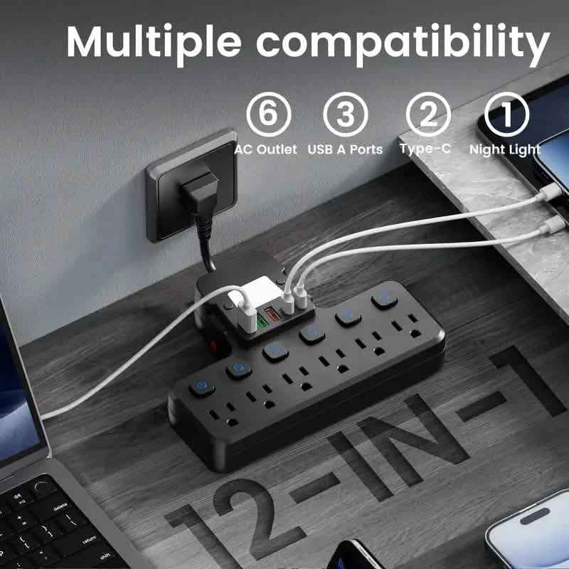 12-in-1 Adjustable Desk Lamp Power Strip – 6 AC Outlets, 3 USB-A & 2 Type-C Ports, Surge Protection Cartsfy Inc.